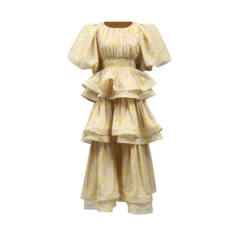 French multi-layer ruffle edge long bubble sleeve printing design waist long dress summer new dress women