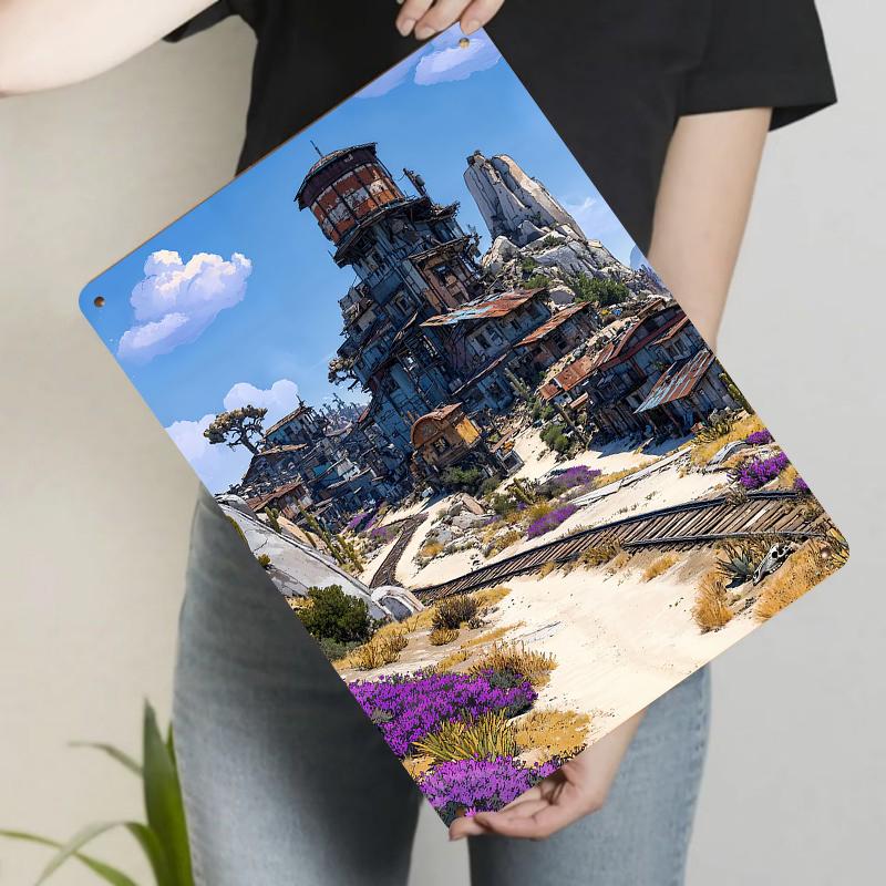 

Wasteland Style Metal Iron Painting Vintage Architecture Decorative Wall Art for Living Room 20x30cm（7.8x11.8inch）
