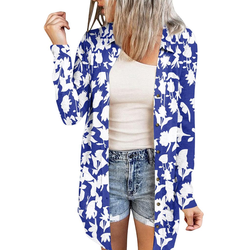 Women's Casual Fashion Printed Long-sleeved Mid-length Cardigan Jacket