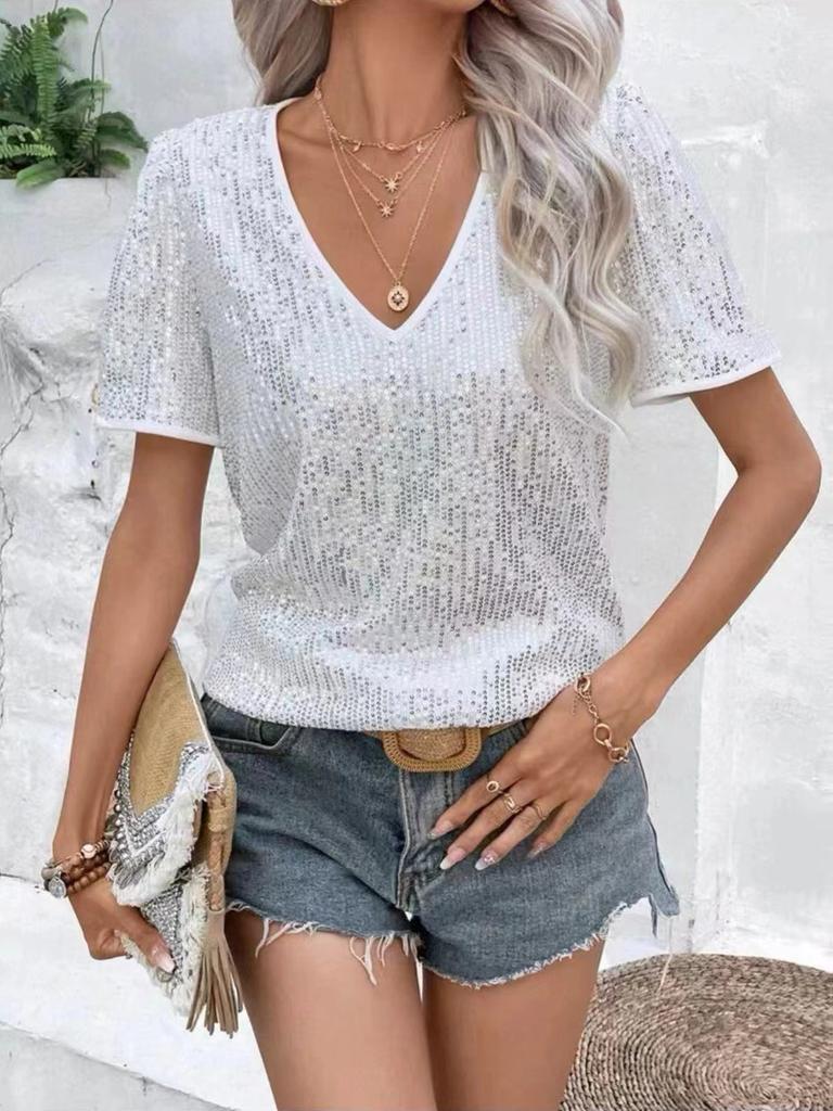 New Cross Women's Sexy Solid Color Sequins V-Neck Loose Short Sleeve T-Shirt