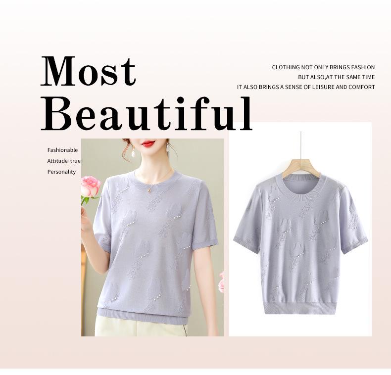 Stylish Ice Silk Knit T-Shirt – Short-Sleeve Round Neck for Middle-Aged and Elderly Women