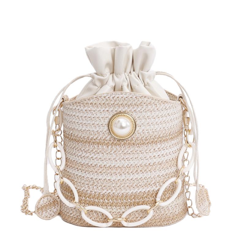 New pearl cute bucket bag diagonal span pearl straw bag cotton woven beach bag mini drawstring bag