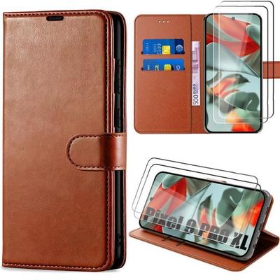 Case - Google - Pixel 9 Pro XL - Flap Protection - 2 Tempered Glasses - Brown Synthetic Leather