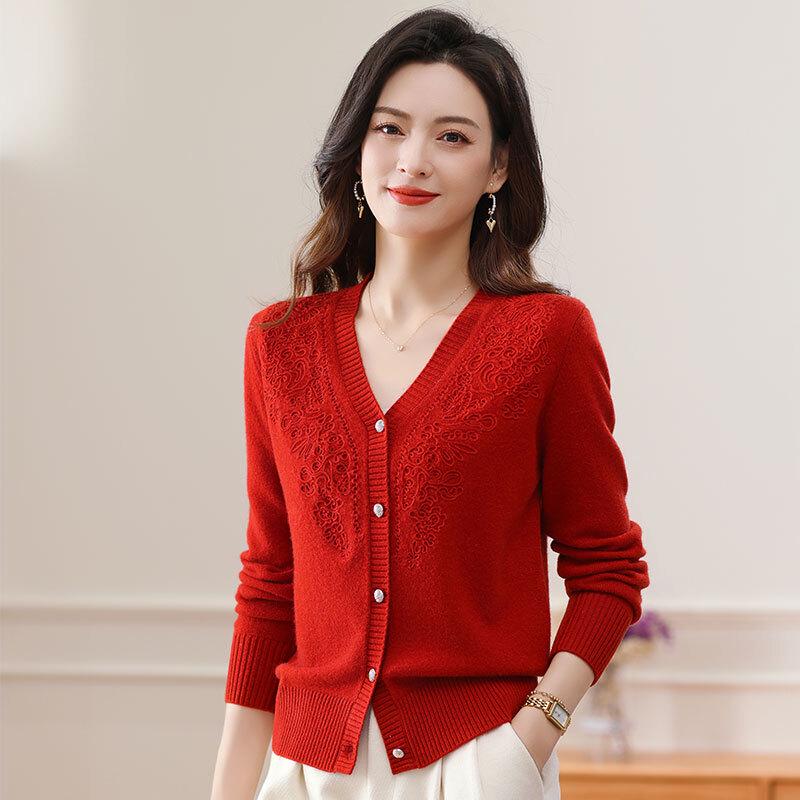 Cai Yang Women's V-Neck Cropped 100% Pure Wool Cardigan