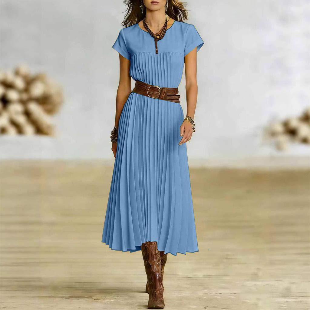 Women's Fashionable Color Round Neck Short Sleeved Pocket Pleated Loose Dress
