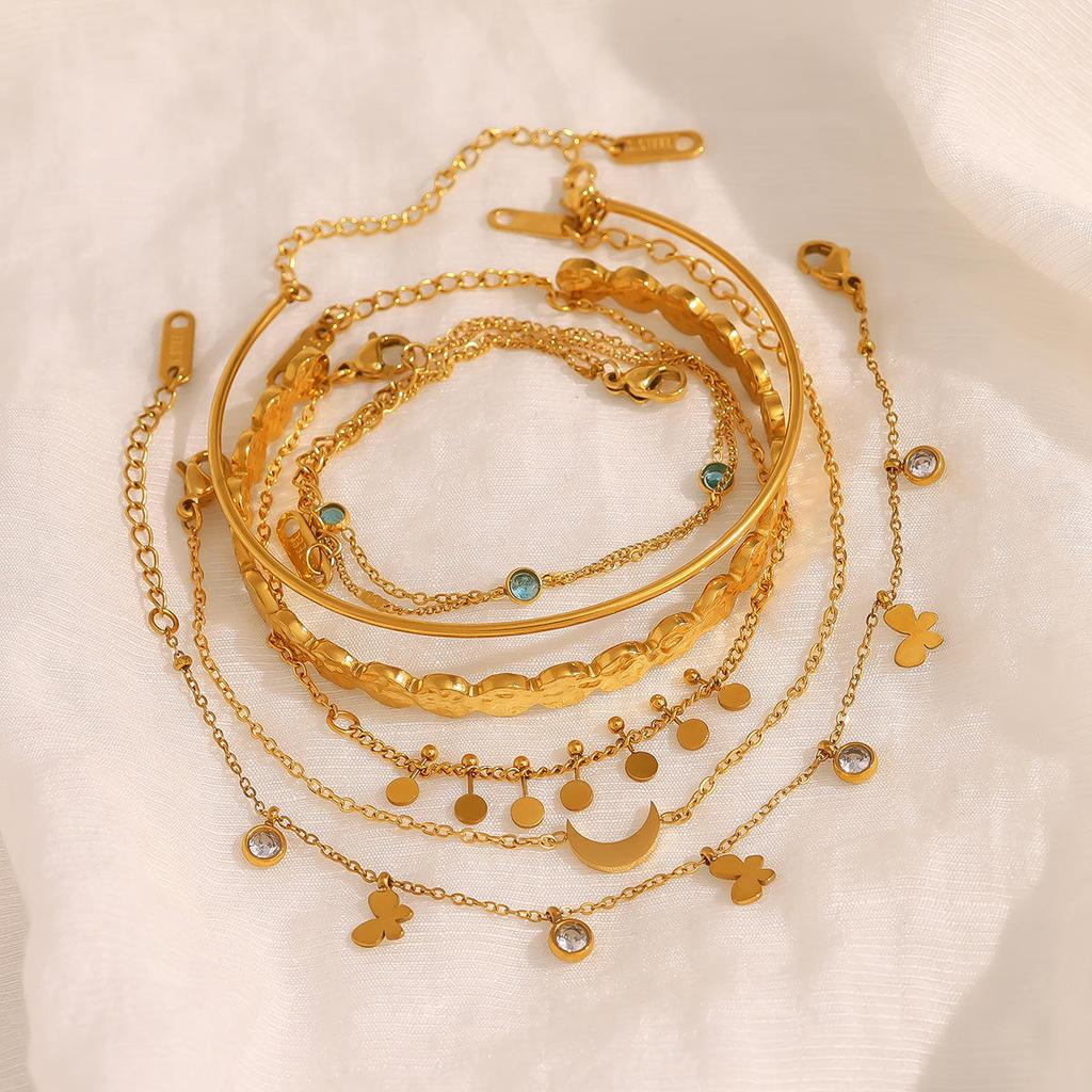 Hot Sale Vintage Fashion 18K Gold Plated Stainless Steel Flower Moon Zircon Inlayed Chain Bracelet Set Multi-layered Gift