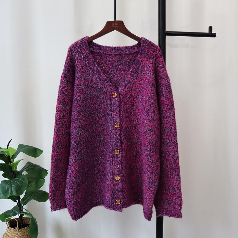 

Осень и зима новый свободный ретро вязаный кардиган мягкий восковой высококлассный ленивый ветер свитер куртка женская One Size фуксия