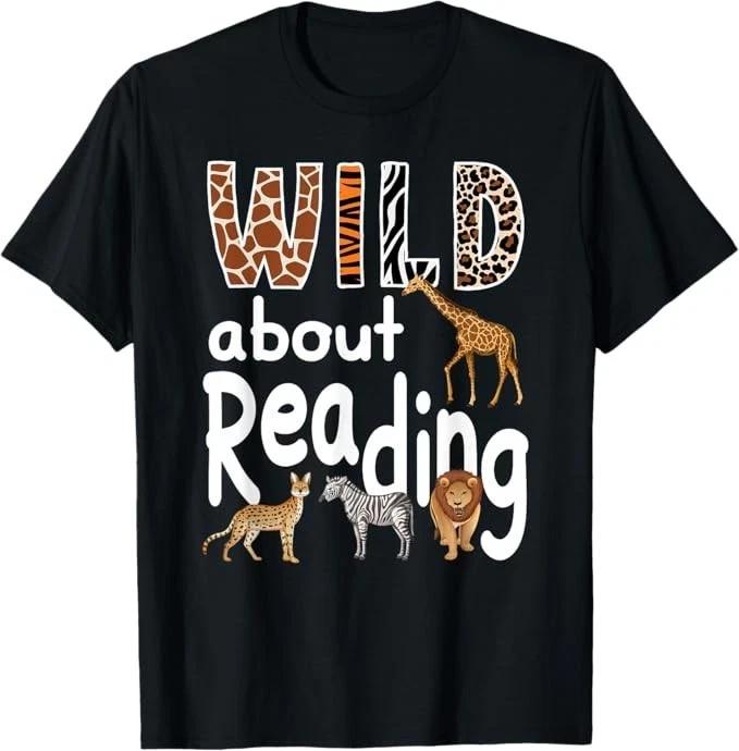 Zoo Animals Wild About Reading Books Reader Lover Librarian T-Shirt L
