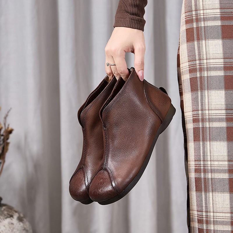 Johnature Bottines plates rétro en cuir véritable à bout rond et semelle souple, chaussures polyvalentes pour femmes