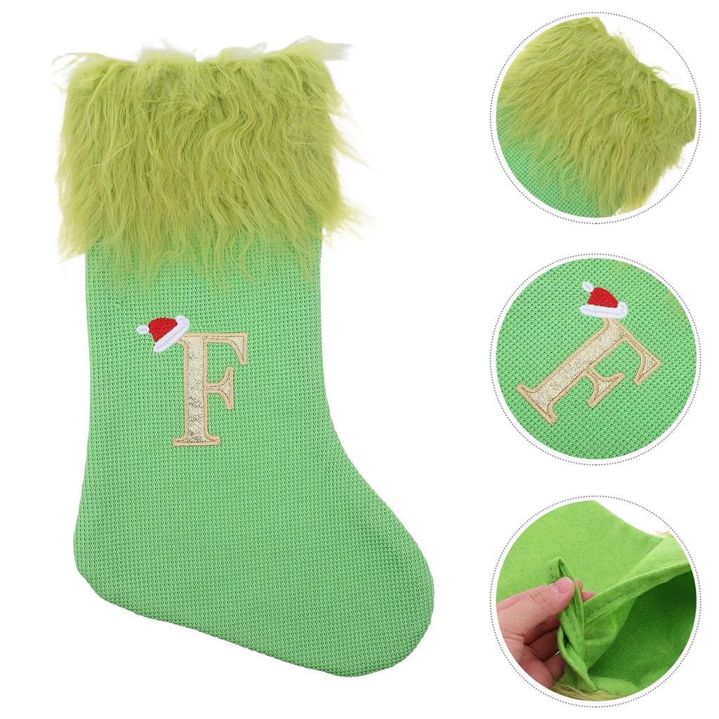 Large Green Knitted Christmas Stocking Letter M Embroidered Xmas Hanging Loop Holiday Party Decor Candy Treat Bag