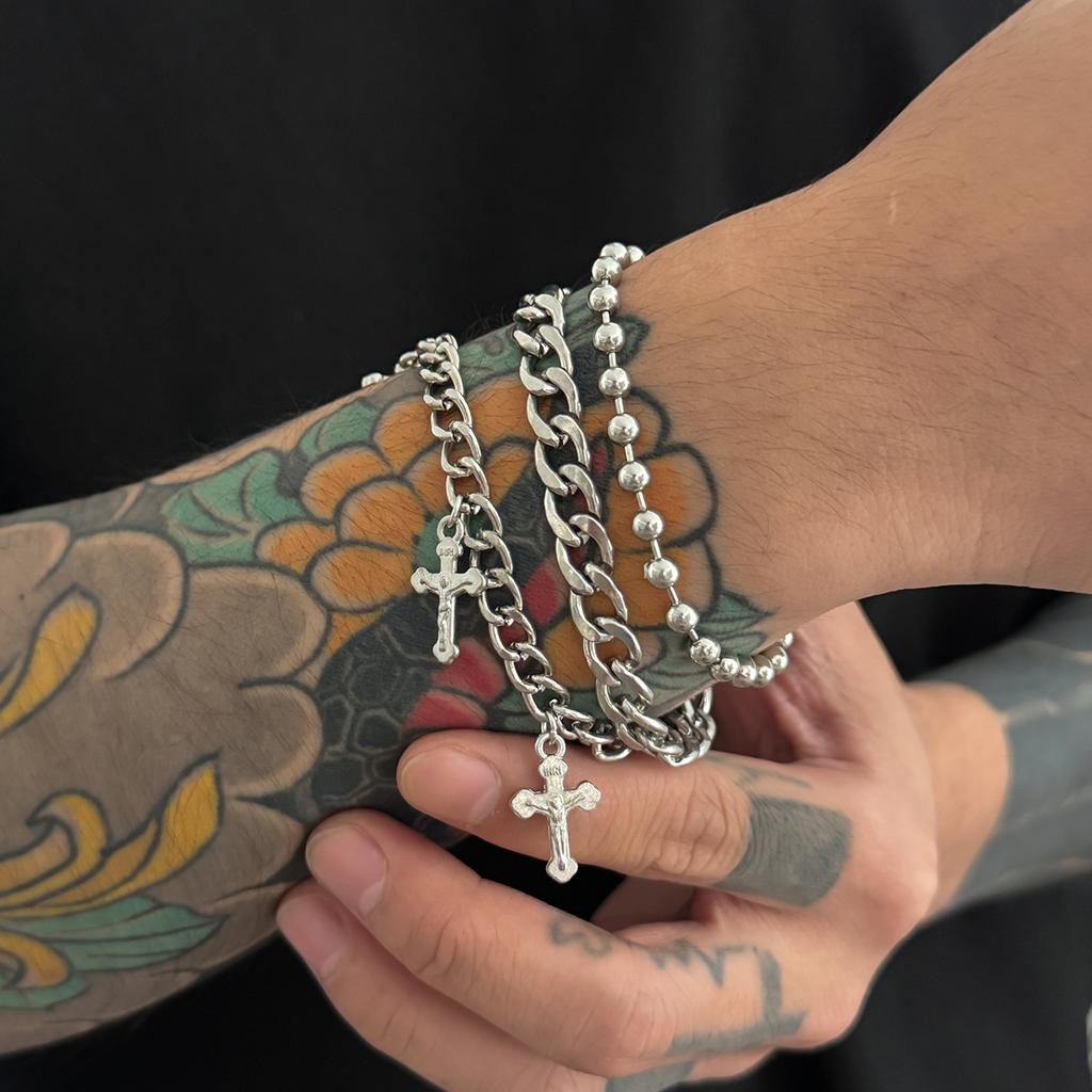 Ingemark Punk Hip Hop Silver Color Metal Chain Bracelets Men Goth Vintage Cross Pendant Bangles Grunge Street Jewelry Steampunk