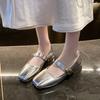 Low Heel Single Shoes Fashion Square Toe Shallow Mouth Pleated Metal Buckle One Strap Soft Sole Non-Slip Block Heel Shoes