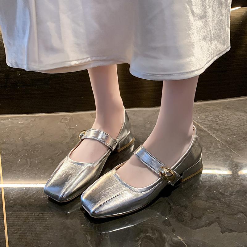 Low Heel Single Shoes Fashion Square Toe Shallow Mouth Pleated Metal Buckle One Strap Soft Sole Non-Slip Block Heel Shoes