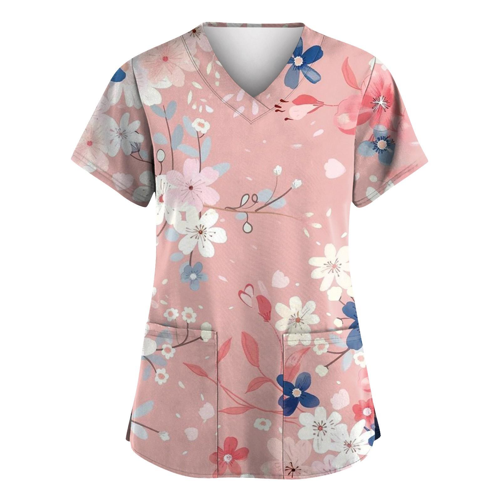 

Женская мода с v-образным вырезом, короткими рукавами и карманами, топы с принтом M красный