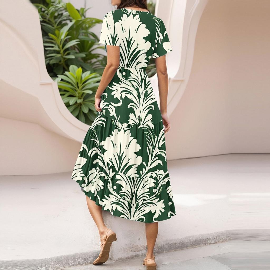 Damen Sommer Casual Mode V-Ausschnitt Rüschenärmel Blumendruck Midi-Kleid