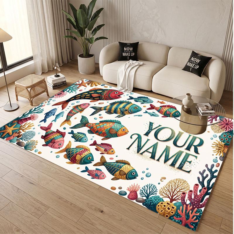 Fish Ocean Theme Soft Crystal Velvet Rug Custom Name & Text Print Non Slip Floor Rug for Bedroom Living Room