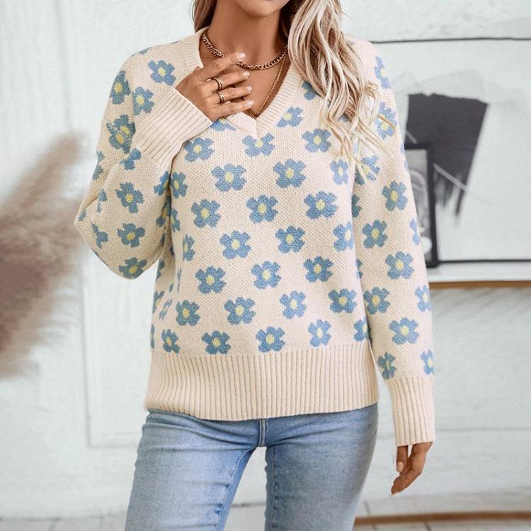 Pullover Print Vintage Long Sleeve Sweater Knitwear Loose V-Neck Top for Autumn Winter