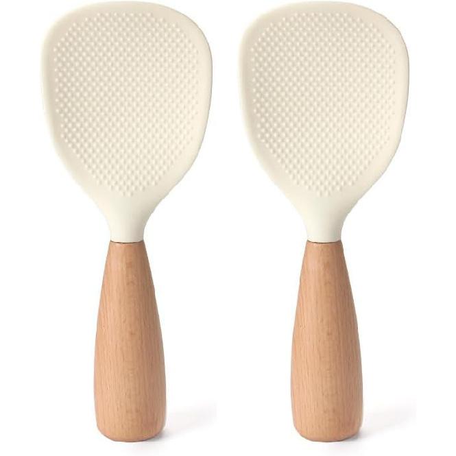2 Pack Silicone Rice Paddle Spoon with Wood Handle, Nonstick Standing Rice Cooker Spatula Kitchen Tool, Clear белый
