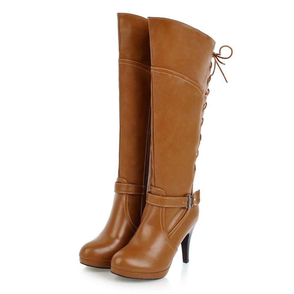 Winter Women Lace-up Platform Knee High Boots Red Black Spike Heel Round Toe Sexy Dress Party Lady Buckle Belt Zipper Long Boots