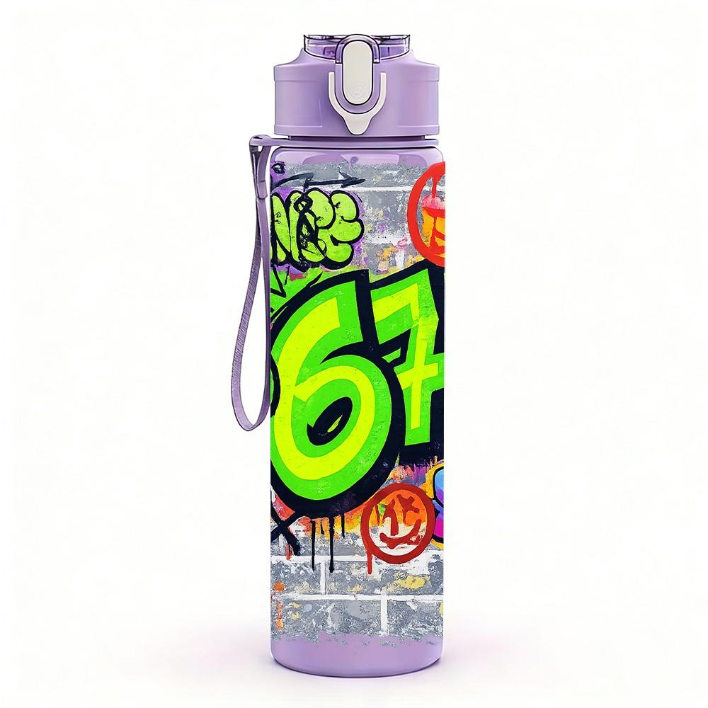 1PC Bright Six Seven Graffiti Number Art 750ml Color Plastic Sports Water Bottle Leakproof Flip Straw Lid Suitable for Sports Office Home Use