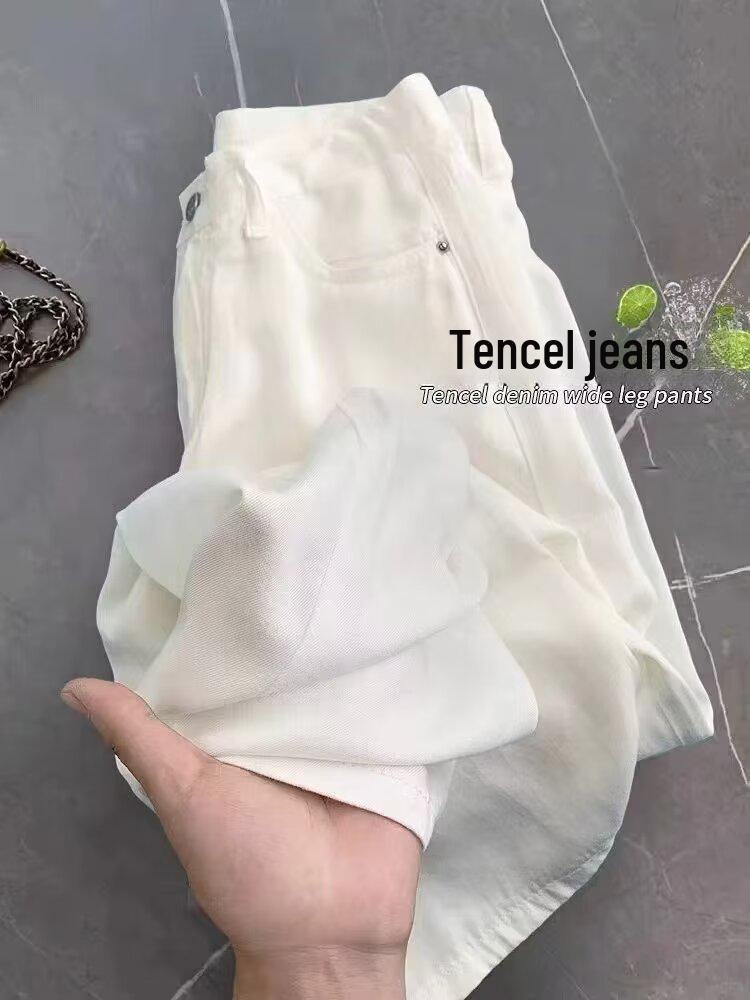 Jeansi de damă albi Tencel cu talie înaltă și picior larg - Primăvară/Vară Croială Slim cu drapaj lejer