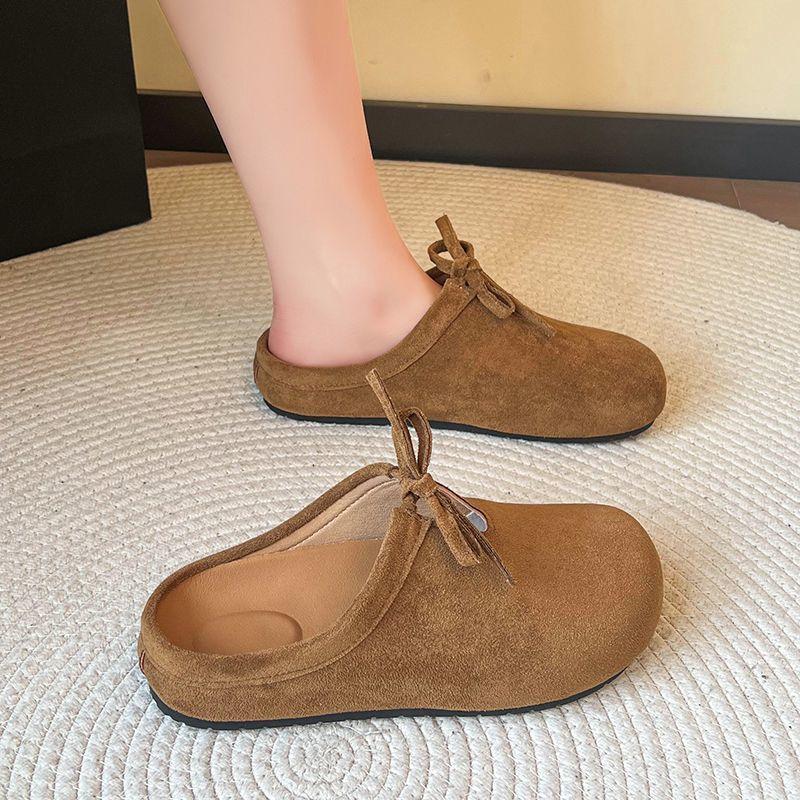 Flat-bottomed Bag Head Slippers Women's 2025 Spring New Bow Versatile One-pedal Boken Soft-soled Retro Half Slippers