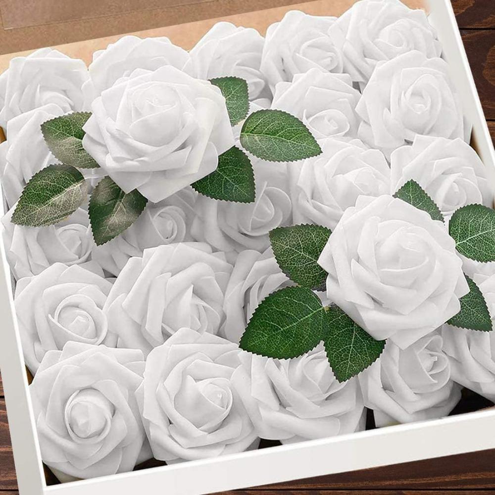 25PCS Lifelike Foam Artificial Flowers with Stems Boxed Fake Roses Floral Arrangements DIY Bouquets Home Decoration