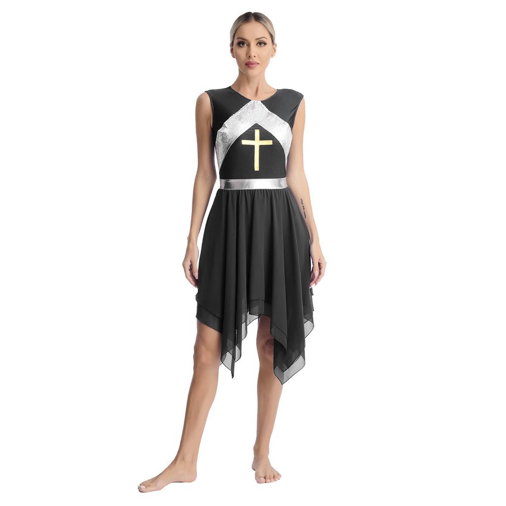 Womens Liturgical Dance Dress Metallic Shiny Cross Sequins Sleeveless Color Block Patchwork Irregular Hem Performance Gown