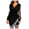 Women's Fashion Mesh,Panel Color V,Neck Long,Sleeve Dress