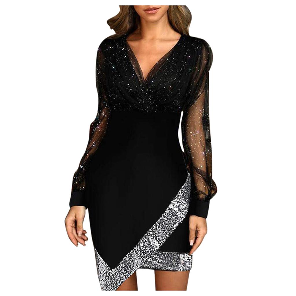 Women's Fashion Mesh,Panel Color V,Neck Long,Sleeve Dress