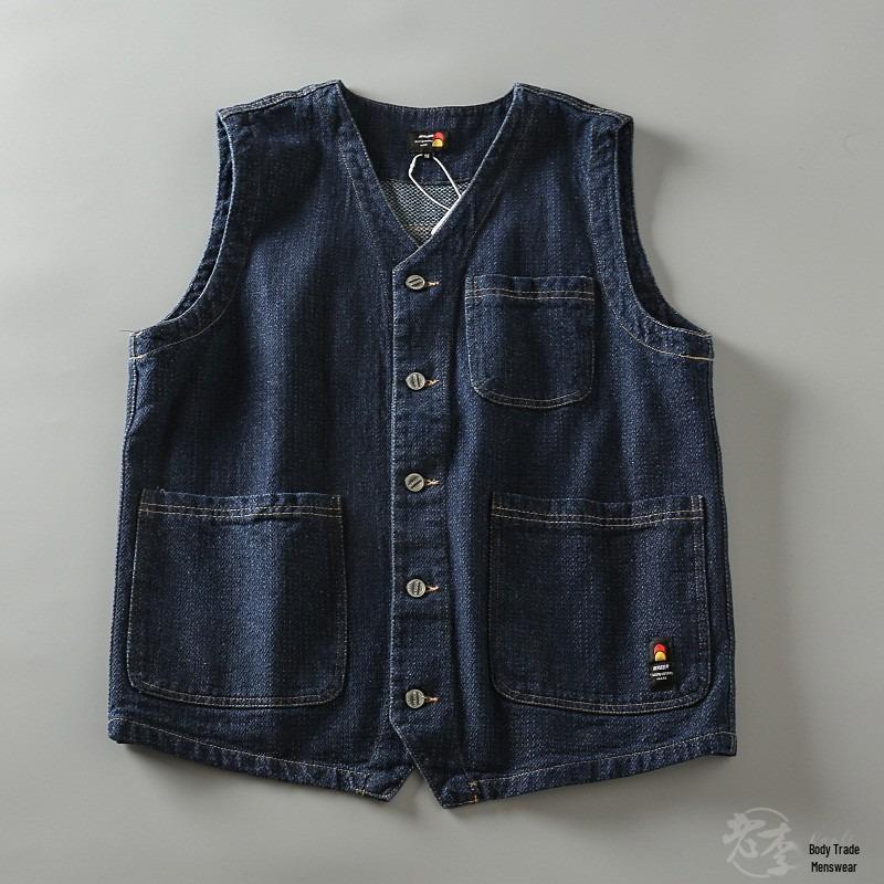 Men s Japanese Retro Denim Multi-Pocket Sleeveless Workwear Vest XL синий