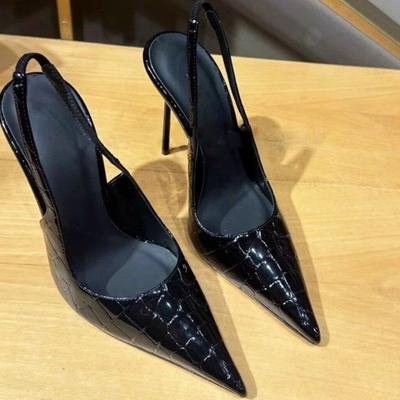 Crocodile Pattern Word with Bag Head Sandals Women's Thin Heels Pointed Hot Girls Sexy Nightclub High Heels Black Silk Matching Single Shoes