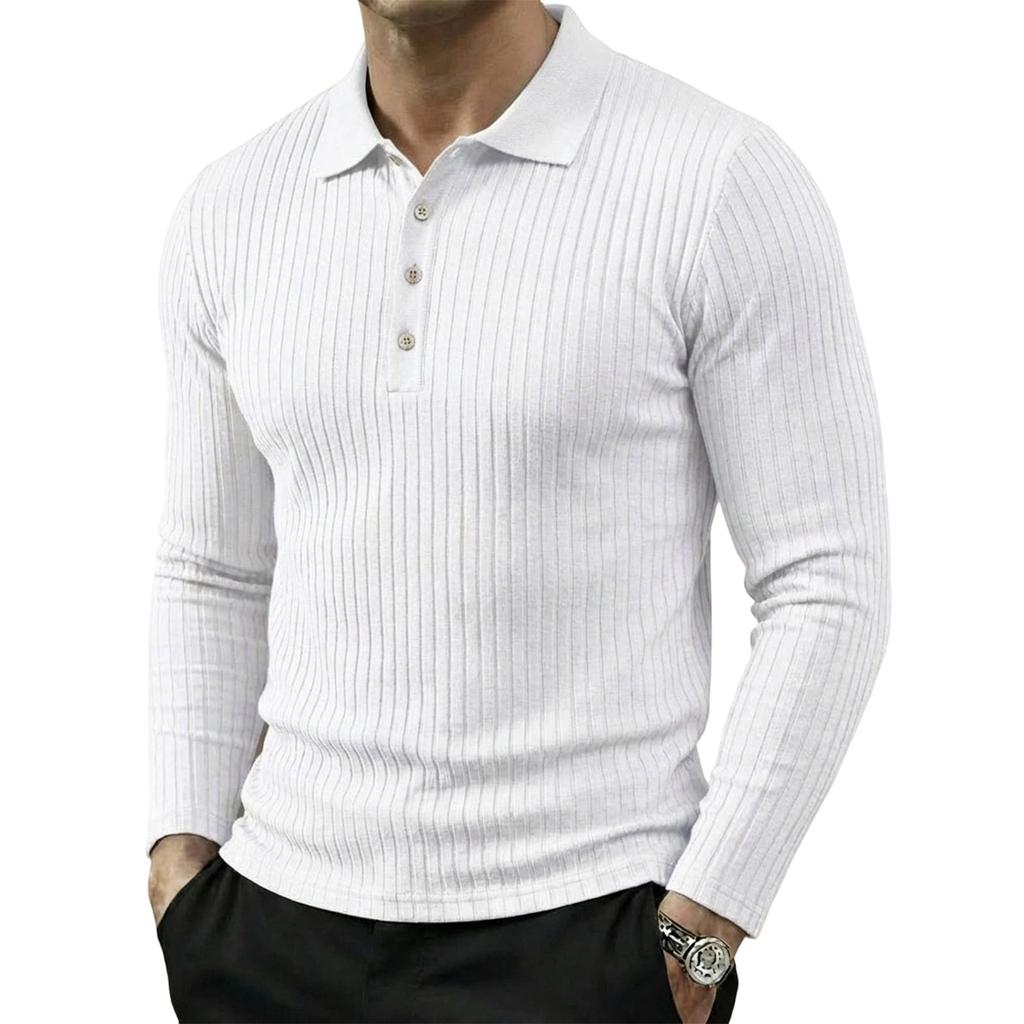 Men's Long Sleeve Polo Shirt Ribbed Texture Casual Lightweight Breathable Sport Top with Button Placket Classic Collar for Spring Autumn
