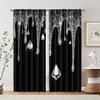 2PCS Digital Printed Curtain, Silver Diamond Dripping On Black Background, Luxury Glitter Glam Style Window Drapes for Bedroom
