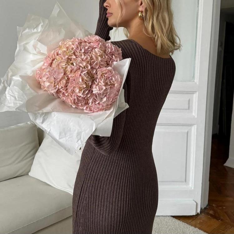 Women's Knitted Dress Elegant V Neck Thick  A-line Dress Brown Long Sleeve Vintage Midi Casual Dresses for Women