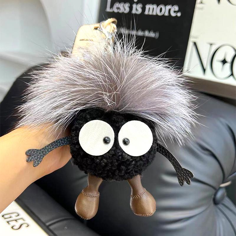 15cm Cute Cartoon Wool Small Coal Ball Car Keychain Real Raccoon Fur Pendant Elf Plush Ball Bag Pendant Hobby Collection Gift