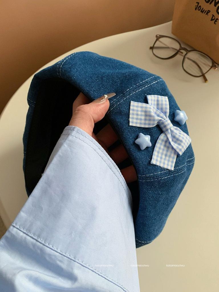 Japanese Sweet Bow Cowboy Beret Children Spring And Summer Face Small Casual Versatile Art Student Octagonal Hat