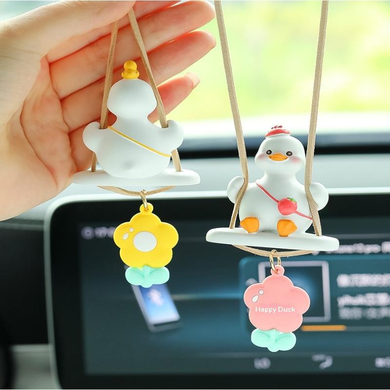 Cute Anime Car Accessory Swing Duck Pendant Auto Rearview Mirror Ornaments Birthday Gift Couple Accessories