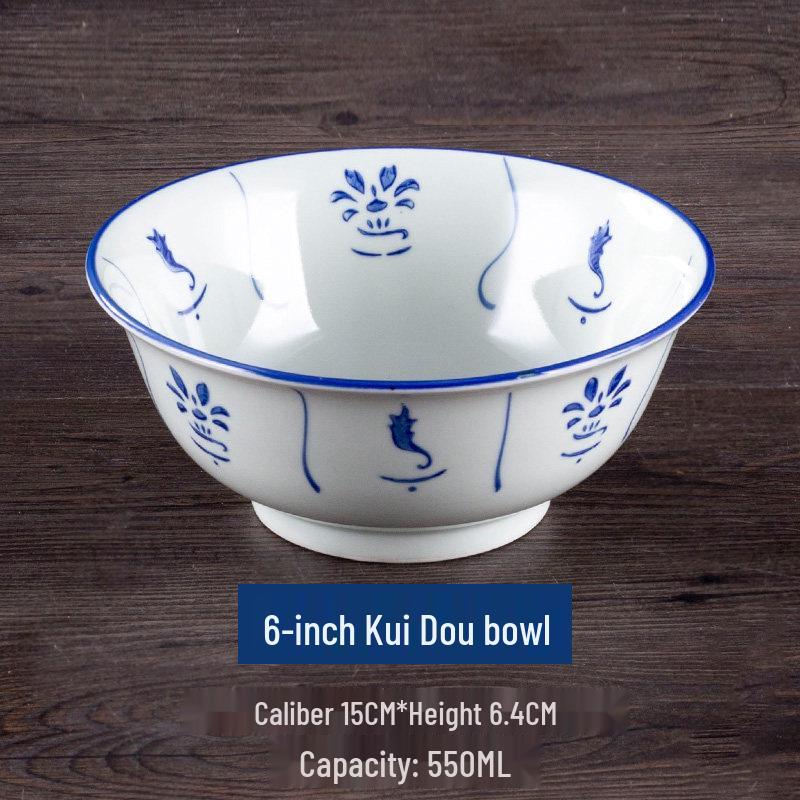 Vintage Ceramic Blue & White Bamboo Flower Bowl - Rustic Farmhouse Tableware, Ideal for Rice & Noodles
