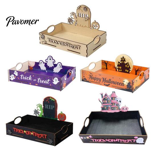 Pumpkin Table Decor Halloween Witch Decorative Wood Serving Tray with Handle, Ghost Castle Trick or Treat Dessert for Party Accessories Wooden Platter