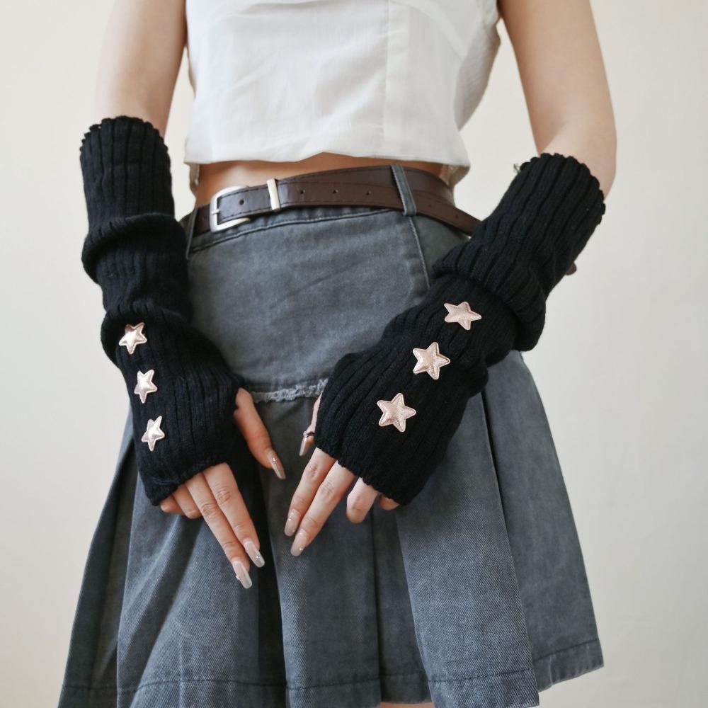 Bow Star Long Wrist Gloves Knitted Fingerless Gloves Trendy Warm Arm Sleeve  JK Accessories