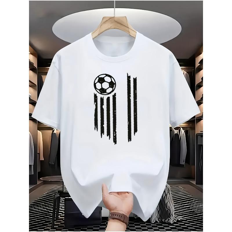 European sizes White Short-Sleeved T-Shirt with a Soccer Ball And Black Stripe Pattern