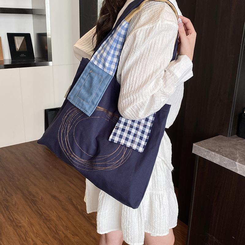New canvas bag female student retro splicing shoulder bag large capacity shopping bag fashion tote bag