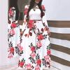 Women Sexy Long Sleeve Floral Print Waist Tight Large Swing Full-length Dress