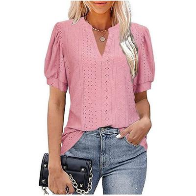 Maglia estiva a maniche corte casual con scollo a V e tinta unita, traforata