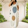 Women Plus Size Round Neck Short Sleeve Blue White Printed Loose Maxi Dress With Side Pockets