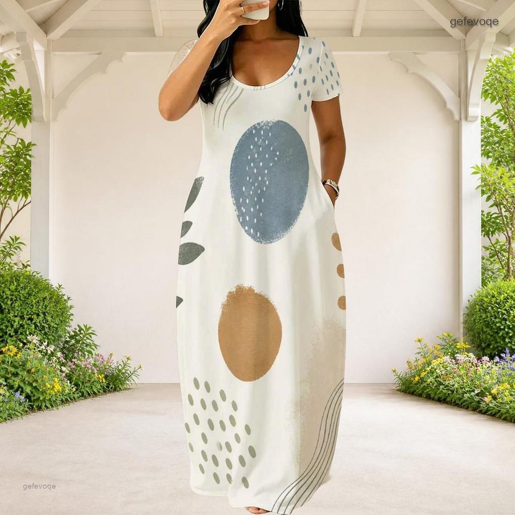 Women Plus Size Round Neck Short Sleeve Blue White Printed Loose Maxi Dress With Side Pockets