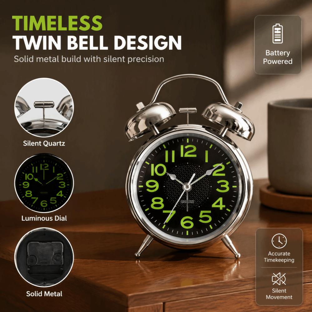 4 Inch Dial Twin Bell Alarm Clock Silver Battery Operated Alarm Clock  For Bedside Use
