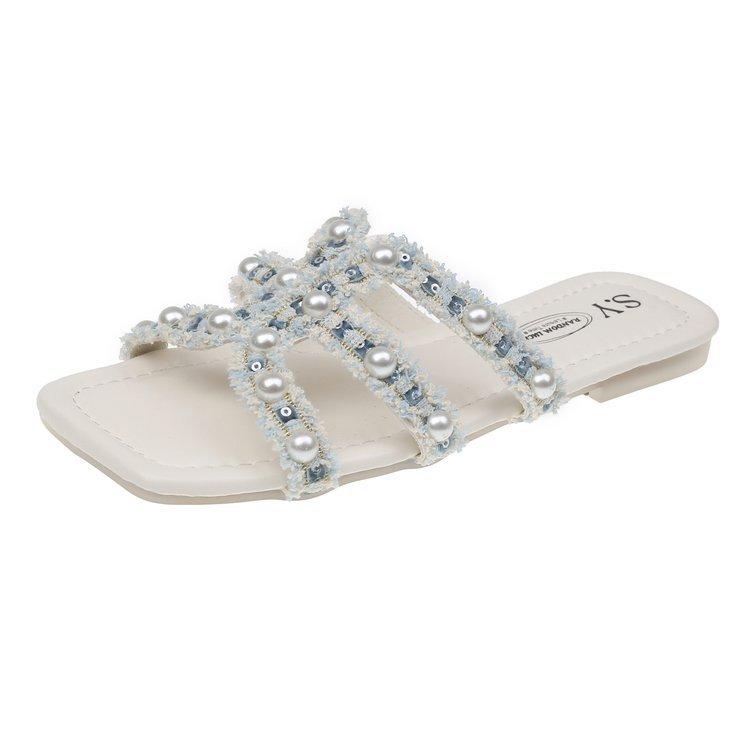 

[youshilai] thick-heeled silver one-word slippers fairy shoes 2025 new summer French rhinestone sandals 40