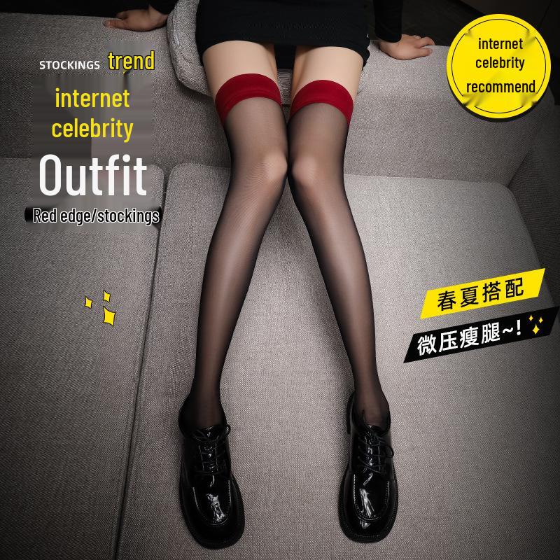 Red Edge Black Mid-Calf Suspender Stockings - Ultra-Thin Thigh-High, Sexy Plus Size.